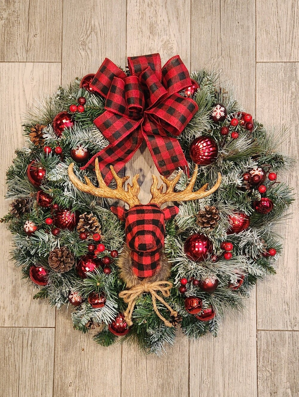 Rustic Red & Black Buffalo Check Plaid Reindeer Christmas Wreath 24 Inches